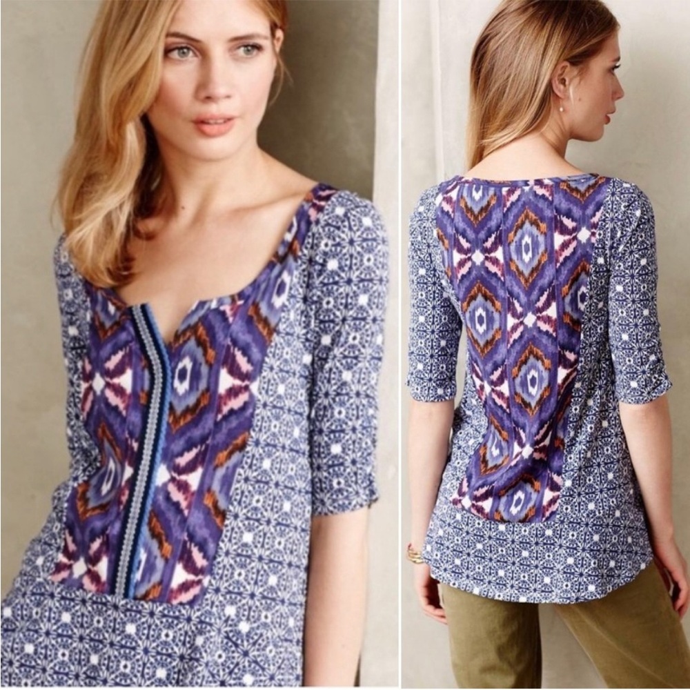 Anthropologie Akemi + Kin Blue Purple Split Neck Ikat Boho Top